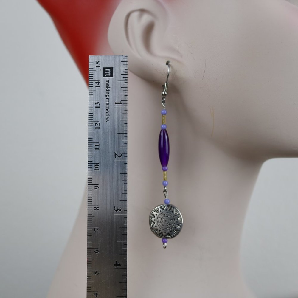 Handmade Purple/Silver Sun Mandala Dangle Earrings - Picture 2 of 4